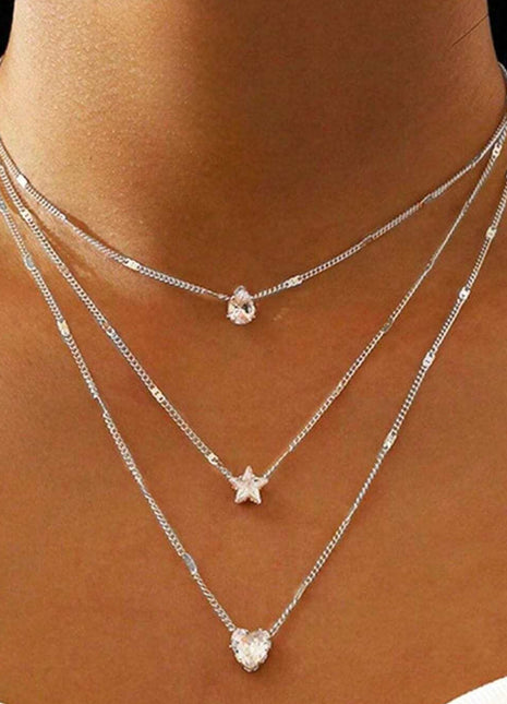 Elegant European Style Layered Necklace with Heart Star Pendants for Women