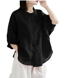 Boho Chic Cotton Linen Lantern Sleeve Blouse - Loose Fit Plus Size Summer Shirt