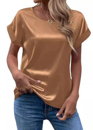 Chic Ladies Satin Round Neck Short Sleeve T-Shirt Blouse Straight Fit Solid Color