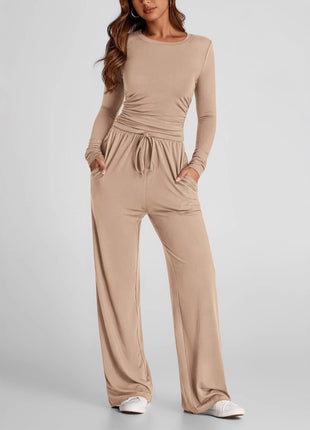 Women's Casual Polyester Long-Sleeve T-Shirt & Pants Set European Style