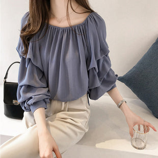 Korean Style Off-Shoulder Chiffon Long-Sleeve Shirt Loose Fit Elegant Top