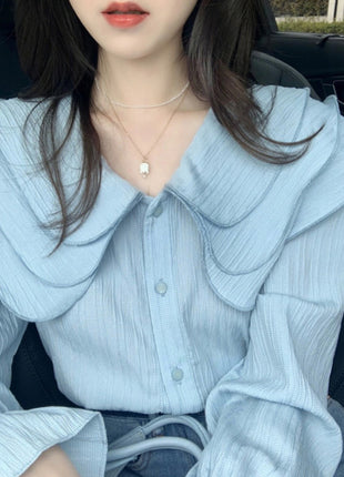 Playful Blue Doll Collar French Style Loose Fit Women's Summer Shirt