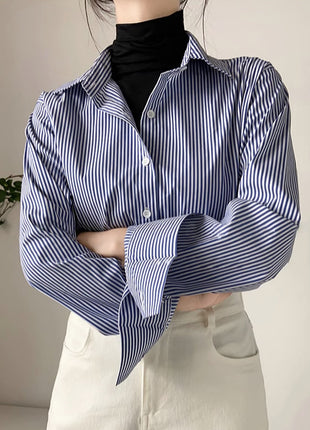 Chic Blue Striped Long-Sleeve Women's Polyester Office Commuter Shirt