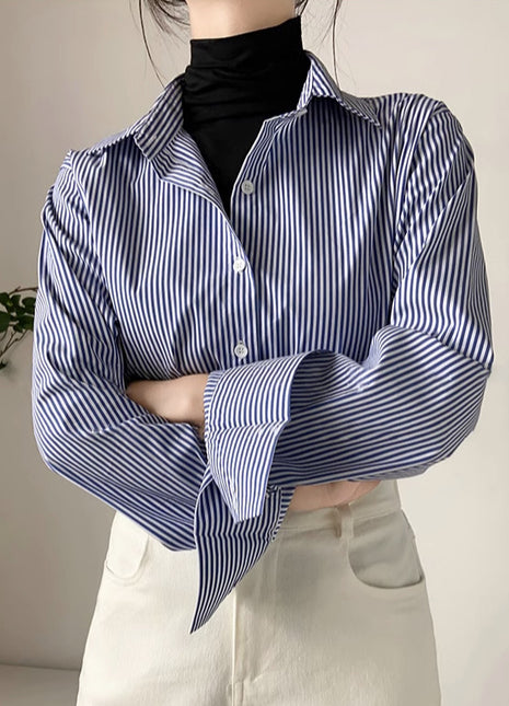 Chic Blue Striped Long-Sleeve Women's Polyester Office Commuter Shirt