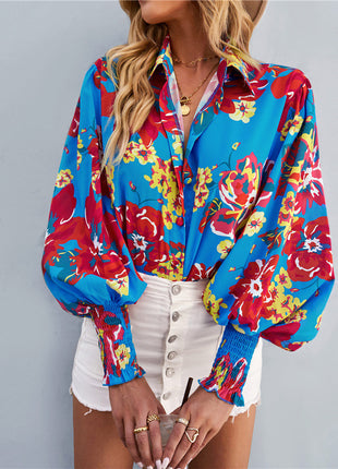 Elegant Women's Spring Floral Print Lantern Sleeve Polo Collar Loose Blouse