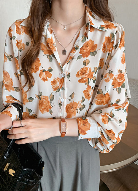 Plus Size Loose Fit Floral Shiffon Polo Collar Long-Sleeve Lantern Shirt