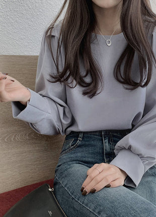 Elegant Korean Style Long Sleeve Round Neck Loose Fit Blouse Top