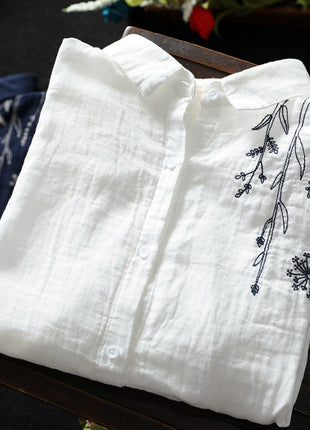 Women's Embroidered Cotton-Linen Long-Sleeve Shirt, High Collar Loose Fit Top