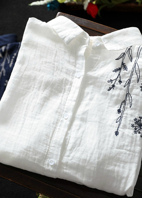 Women's Embroidered Cotton-Linen Long-Sleeve Shirt, High Collar Loose Fit Top