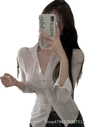Chic Slim-Fit Long-Sleeve White Cotton Blend V-Neck Button-Up Shirt for Women