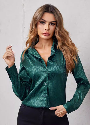 Chic Leopard Print Jacquard Long Sleeve Button-Up Shirt Women's European Style