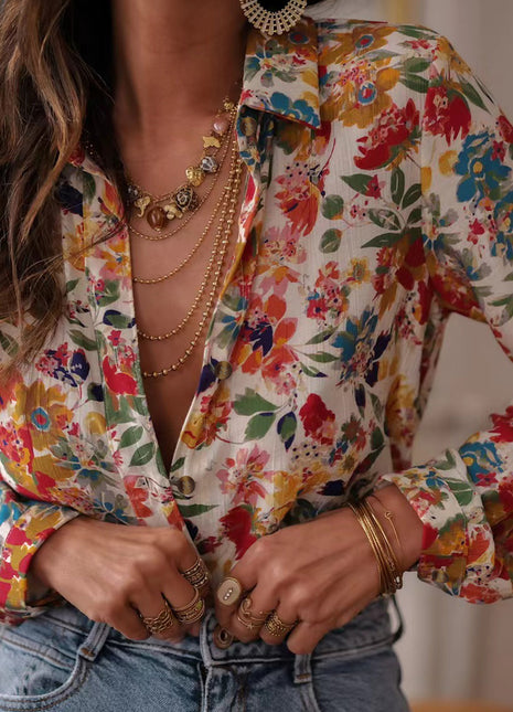 Stylish Women's Summer Printed Short Sleeve Lapel Casual Blouse Shirt
