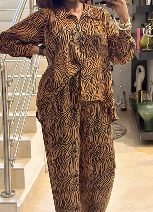 Chic Zebra Print Women's Long-Sleeve Shirt & Wide Leg Trousers Set