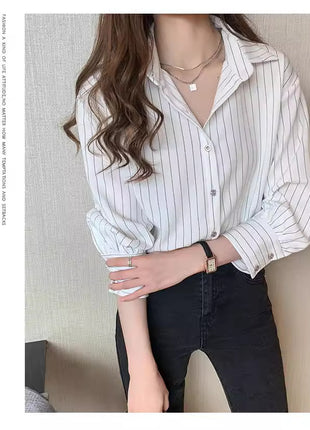 Women's Retro Striped Cardigan Shirt - Loose Fit Long Sleeve Blouse