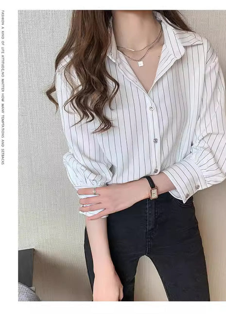 Women's Retro Striped Cardigan Shirt - Loose Fit Long Sleeve Blouse