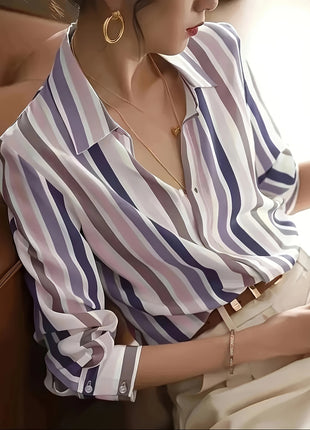 Women's Retro Striped Long-Sleeve Button-Up Shirt - Loose Fit Summer Cardigan Top