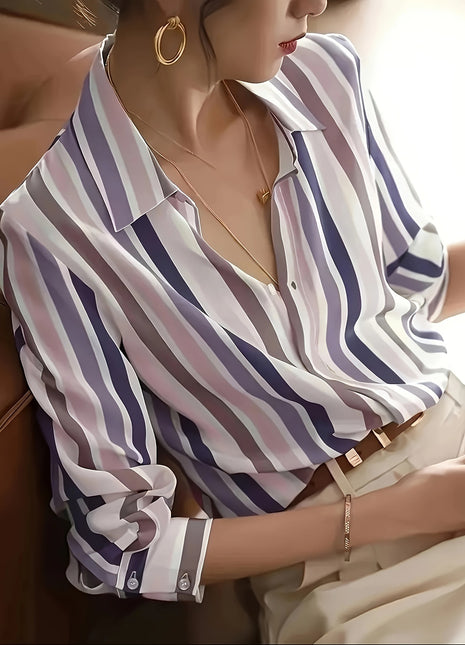 Women's Retro Striped Long-Sleeve Button-Up Shirt - Loose Fit Summer Cardigan Top