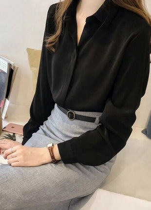 Elegant Korean Style Chiffon Long-Sleeve Blouse Slim-Fit Polyester Top