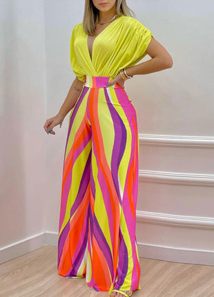 Women's European Style Printed Bat-Sleeve Top & Wide-Leg Pants Set