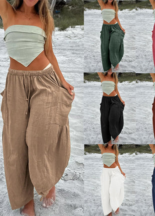 Women's European Style Cotton Linen High Waist Elastic Wide Leg Trousers