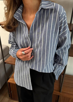 Women's European Style Striped Long Sleeve Cardigan Shirt Jacket