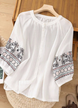 Women's Retro Embroidered Cotton Linen Lantern Sleeve Summer Blouse Shirt Top