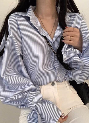 Korean Preppy Loose Fit Striped Lantern Sleeve Blouse Women's Autumn Spring Top