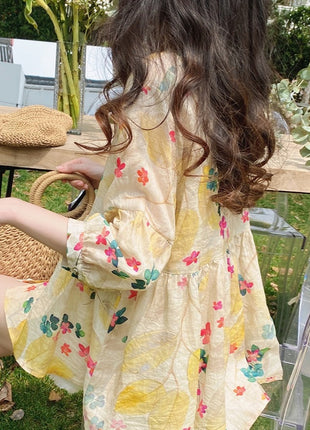 Chic Floral Print Loose Korean Style Women's Blouse - Sweet Puff Sleeve Top