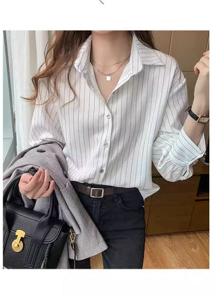 Women's Retro Striped Cardigan Shirt - Loose Fit Long Sleeve Blouse