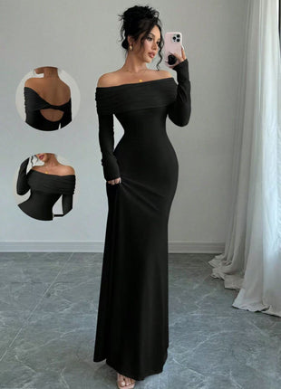 Elegant Off-Shoulder Long Sleeve Bodycon Dress - Slim Fit Hip-Accented Autumn Wear