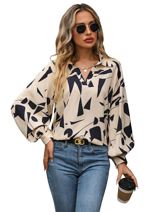 Women's Elegant Abstract Geometric Print Casual Lantern Sleeve Shirt Top