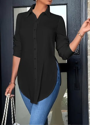 Chic Irregular Hem Long Sleeve Lapel Blouse for Women – Versatile Polyester Shirt