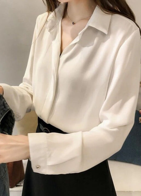 Elegant Korean Style Chiffon Long-Sleeve Blouse Slim-Fit Polyester Top