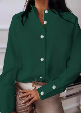 Elegant Women's Solid Color Long-Sleeve Button-Up Shirt with Stand Collar