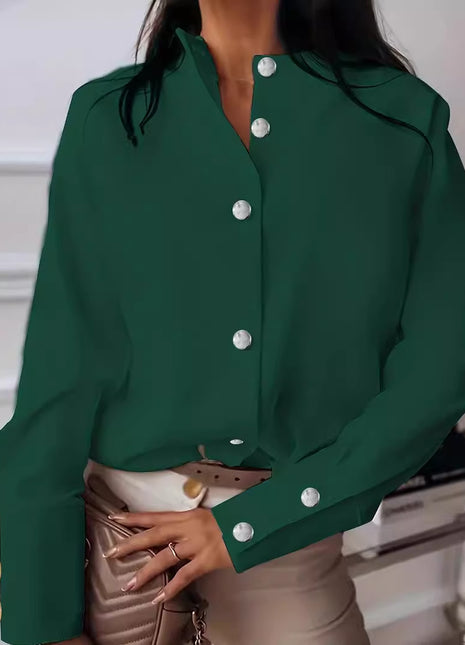 Elegant Women's Solid Color Long-Sleeve Button-Up Shirt with Stand Collar