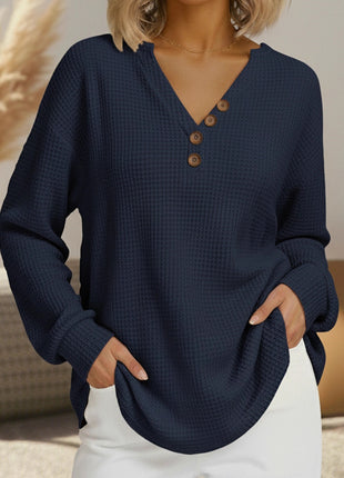 Women's Demi-Season Waffle Knit V-Neck Button Long-Sleeve Leisure Sweatshirt Top