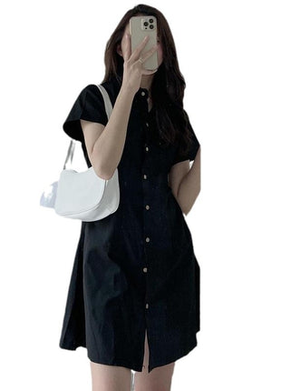 Elegant Korean Style Short Sleeve A-Line Shirt Dress with Lapel Collar