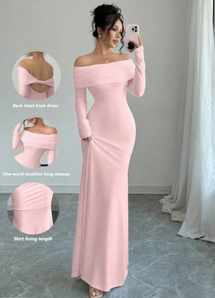 Elegant Off-Shoulder Long Sleeve Bodycon Dress - Slim Fit Hip-Accented Autumn Wear