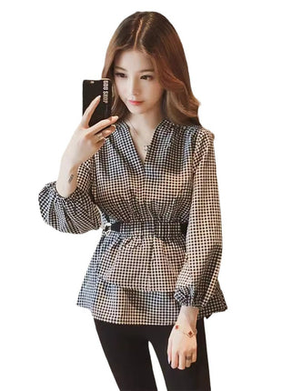 Chic Korean Style V-Neck Plaid Long-Sleeve Slim Fit Blouse Shirt for Women