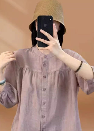 Breathable Cotton Linen Blend Seven-Sleeve Casual T-Shirt for Women