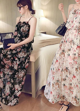Chic Summer Boho Floral Print Maxi Dress - Flowy Chiffon Beach Long Skirt