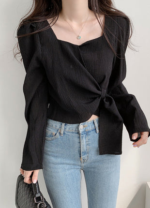 Elegant Square Neck Long Sleeve Blouse with Belt – Chic Autumn Top