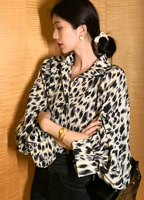 Chic Leopard Print Chiffon Blouse - Loose Fit, Lantern Sleeves, Women's Fashion Top