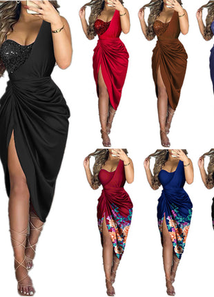 Elegant Sexy Sequin Split Oblique Collar Sleeveless Long Evening Dress