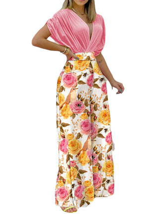 Women's European Style Printed Bat-Sleeve Top & Wide-Leg Pants Set