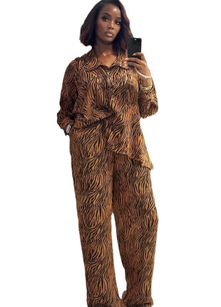 Chic Zebra Print Women's Long-Sleeve Shirt & Wide Leg Trousers Set