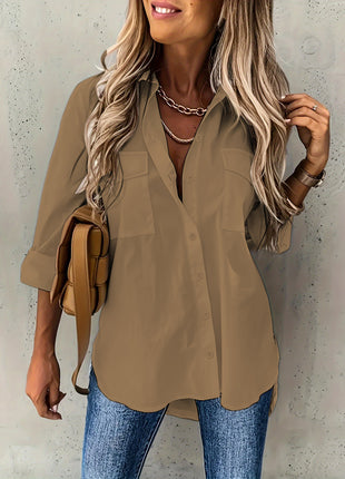 Women's Loose Fit Long-Sleeve Lapel Shirt with Pockets, European Style Blouse