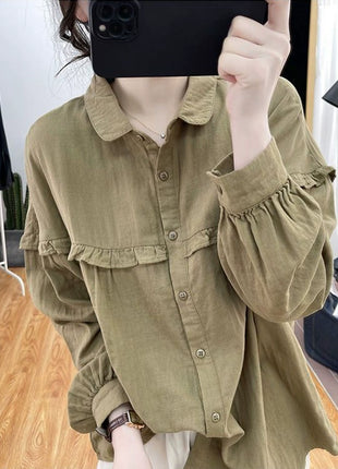 Women's Pure Cotton Loose Fit Ruffle Collar Long-Sleeve Spring Summer Shirt