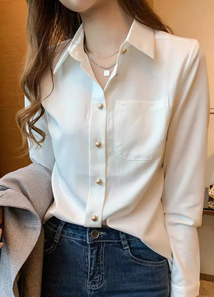 Elegant Women's Chiffon Long-Sleeve Loose Fit Western Style Button-Down Shirt