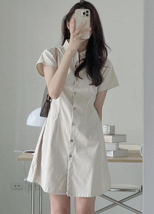 Elegant Korean Style Short Sleeve A-Line Shirt Dress with Lapel Collar